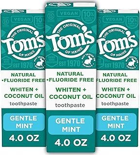 Tom’s of Maine Whiten Plus Coconut Oil Fluoride Free Toothpaste, Natural Whitening Toothpaste with Plant-Based Cleansers, Whitens Without Causing Sensitivity, Gentle Mint, 4.0 Oz (Pack of 3)