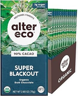 Alter Eco | Chocolate Bars | Pure Dark Cocoa, Fair Trade, Organic, Non-GMO, Gluten Free (12-Pack Super Blackout)