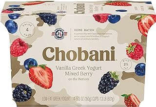 Chobani Low-Fat Vanilla Greek Yogurt, Mixed Berry on the Bottom 5.3oz 4-pack