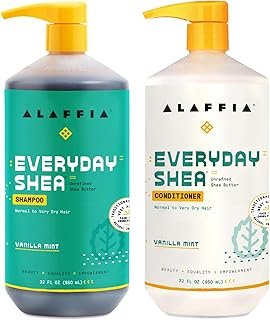 Alaffia EveryDay Shea Shampoo and Conditioner - Normal to Very Dry Hair, Gently Cleanses, Moisturizes, Restores & Protects with Fair Trade Shea Butter, Vegan, No Parabens, Vanilla Mint, 32 Fl Oz Each