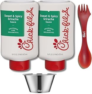 Chick-fil-A Sweet & Spicy Sriracha Sauce, 16 fl oz (2-pack) Bundle with Giri Plastic Spork and Stainless Steel Condiment Cup (3 Items)