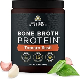 Ancient Nutrition Bone Broth Protein Powder, Tomato Basil, Grass-Fed Chicken and Beef Bone Broth Powder, 15g Protein Per Serving, Supports a Healthy Gut, 15 Servings