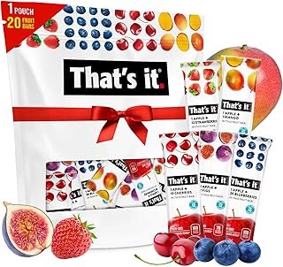 That's it. Fruit Bars Snack 20 Pack - 100% All Natural Gluten-Free Vegan Low Carb Snacks - Healthy Fruit Snacks Variety Pack Strawberry, Mango, Blueberry, Cherry, Fig Bars