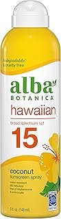 Alba Botanica Sunscreen Spray for Face and Body, Broad Spectrum SPF 15 Sunscreen, Hawaiian Coconut, Water Resistant and Biodegradable, 5 fl. oz. Bottle