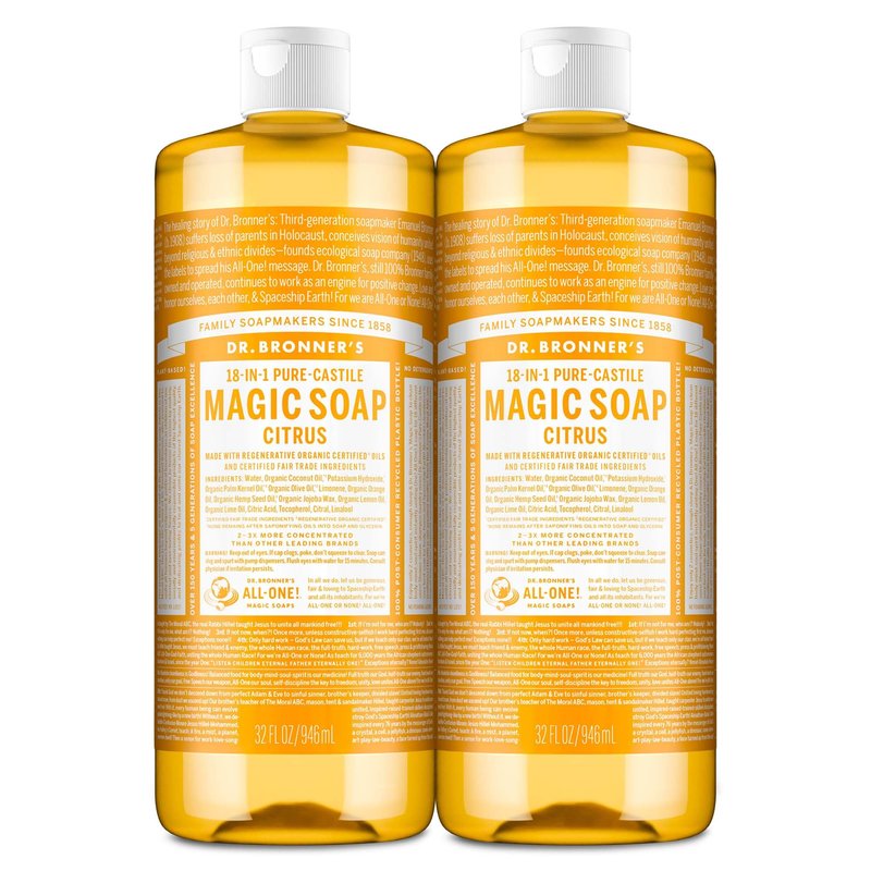 Dr. Bronner's Magic Soap-Pure-Castile Liquid Soap (Citrus, 32 ounce, 2-Pack)-Regenerative Organic Certified Oils, 18-in-1 Uses: Body, Hair, Laundry, Pets & Dishes, Concentrated, Vegan, Non-GMO