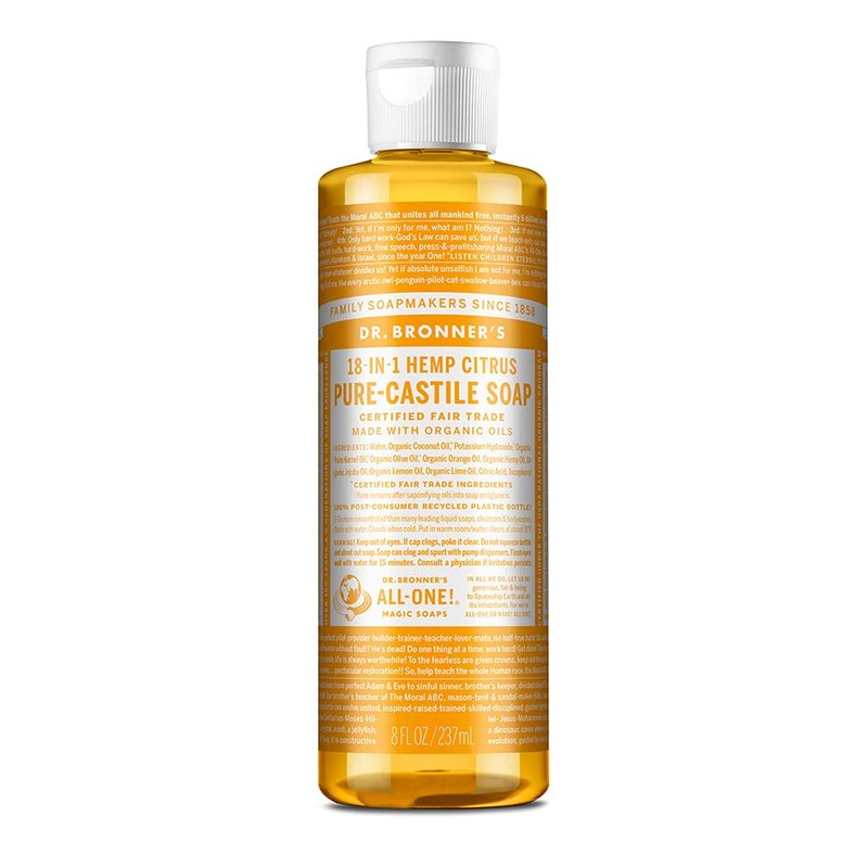 Dr. Bronner's Pure-Castile Liquid Soap (Citrus, 8 ounce) - Made with Organic Oils, 18-in-1 Uses: Face, Body, Hair, Laundry, Pets and Dishes, Concentrated, Vegan, Non-GMO