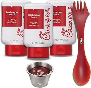 Chick-fil-a Barbecue Sauce 8 oz. (3-pack) Squeeze Bottle Resealable Container Bundle with Giri™ Plastic Spork and Stainless Steel Condiment Sauce Cup (3 Items)