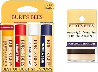 Burt's Bees Lip Balm Easter Basket Stuffers - Beeswax, Strawberry, Coconut and Pear & Overnight Intensive Lip Treatment, 0.25 oz - Moisturizing, Restorative