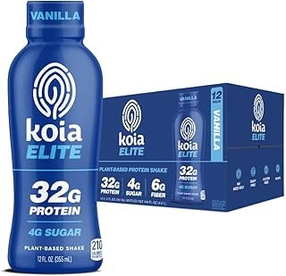 Koia Elite Plant Based Protein Shake, Vanilla, 32g Protein, 4g Sugar, 6g Prebiotic Fiber, Pre & Post Workout Nutritional Drink, No Seed Oils, Dairy-Free, Gluten-Free, Non-GMO, 12 Fl Oz (Pack of 12)