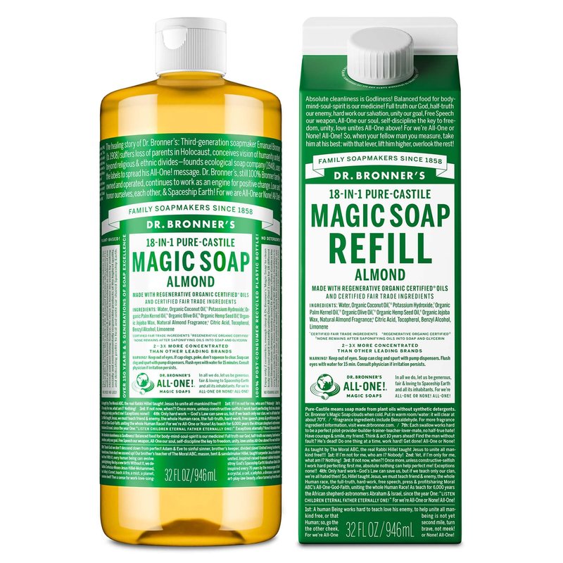 Dr. Bronner's Pure-Castile Magic Soap Liquid- Made with Regenerative Organic Certified Oils- For Body, Face, Hair, Dishes, Laundry, Vegan Bath Soaps for Men & Women, Non-GMO- Almond, 32oz + Refill