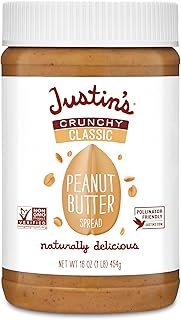 Justin's Crunchy Classic Peanut Butter 16oz. Jar, Gluten Free, Non-GMO, Responsibly Sourced