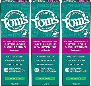 Tom’s of Maine Antiplaque and Whitening Fluoride Free Toothpaste, Spearmint 3-Pack