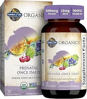 Garden of Life Organics Prenatal Vitamin: Folate for Energy & Healthy Fetal Development, Non-constipating Iron, Vitamin C, B6, B12, D3 – Organic, Non-GMO, Gluten-Free, Vegan, 30 Day Supply