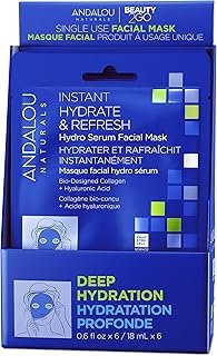 Andalou Naturals Deep Hydration, Instant Hydrate & Refresh Sheet Mask, Single Face Mask, 0.6 oz each, 6 Count (Pack of 1)