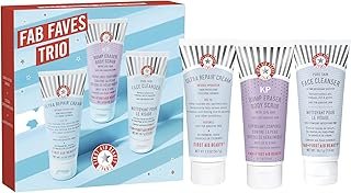 First Aid Beauty FAB Faves Trio: Cleanse & Hydrate Dry, Distressed Skin with Travel Size Essentials, KP Bump Eraser Body Scrub with 10% AHA, Ultra Repair Cream & Pure Skin Face Cleanser (2 oz, 3ct)