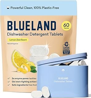BLUELAND 100% Plastic-Free Dishwasher Detergent Tablets, Starter Set, 60 Count with tin, Lemon Zest, Eco-Friendly Dishwashing Pods, Natural, USDA Certified biobased