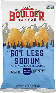Boulder Canyon Kettle Cooked Potato Chips, Non-GMO Verified, Gluten Free, 60% Less Sodium, 6.5 Ounce (Pack of 12)