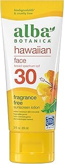 Alba Botanica Sunscreen for Face, Fragrance-Free Hawaiian Face Sunscreen Lotion, Broad Spectrum SPF 30, Water Resistant and Biodegradable, 3 fl. oz. Bottle