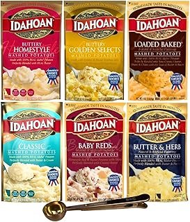 Idahoan Mashed Potatoes Variety Pack, 6 Differentes flavors (4 OZ Each) Bundled VECOSAS All-in-One Spoon Bag Clip