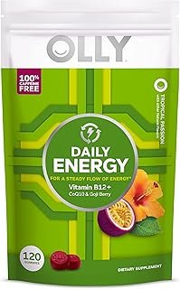 OLLY Daily Energy Gummy, Caffeine Free, Vitamin B12, CoQ10, Goji Berry, Adult Chewable Supplement, Tropical Flavor - 120 Count Pouch