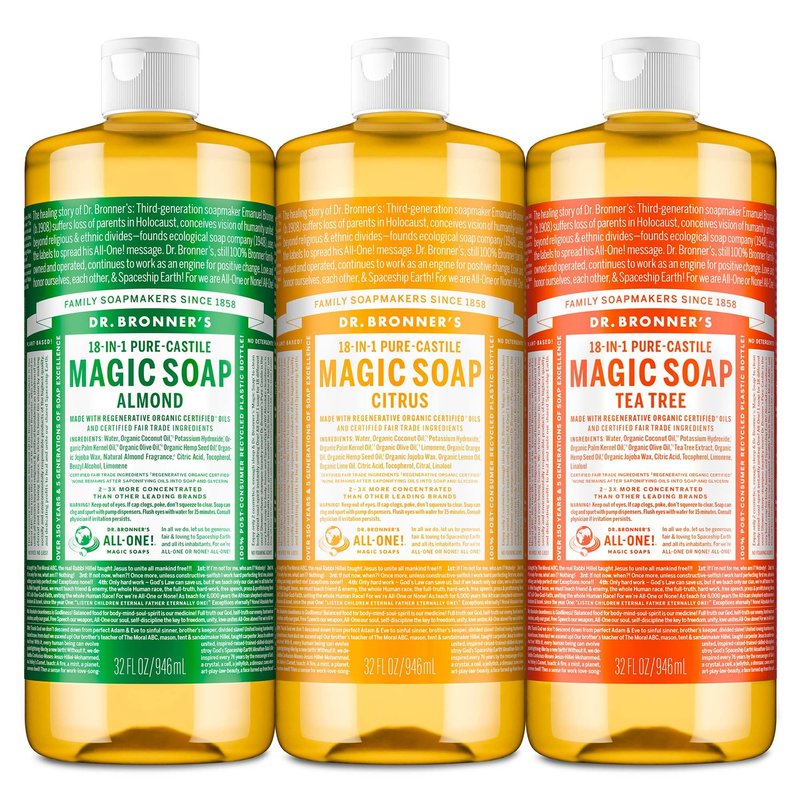 Dr. Bronner's Pure-Castile Magic Liquid Soap – Made with Organic Oils 32 oz (3-Pack) Almond, Citrus, Tea Tree, Body Wash, Face, Dish, Laundry, Pet Wash, Multi-Purpose Soaps