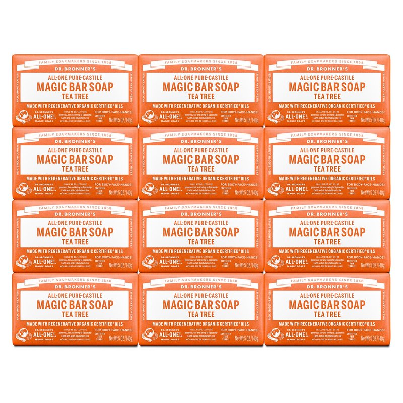 Dr. Bronner's Pure-Castile Magic Bar Soap - Tea Tree, Made with Regenerative Organic Certified Oils, For Face, Body & Hair, Gentle, Vegan, Non-GMO (5oz, 12-Pack)