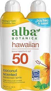 Alba Botanica Hawaiian Coconut Sunscreen, Spray Broad Spectrum SPF 50 Sunscreen, Water Resistant and Biodegradable 5 fl oz Bottle (Pack of 2)