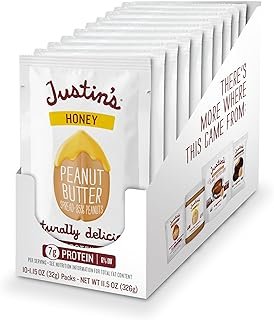 Justin's Honey Peanut Butter Squeeze Packs, Gluten-free, Non-GMO, Responsibly Sourced, Pack of 10 (1.15oz each)