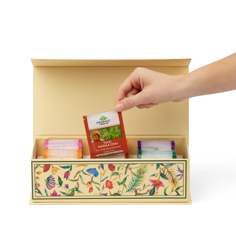 ORGANIC INDIA Tea Sampler Box Variety Pack - Tulsi Herbal Tea Gift Set, Hot Tea Assortment, Holy Basil, Ashwagandha, Turmeric Ginger, Sweet Rose, Original, Sleep, Masala Chai - 60 Tea Bags