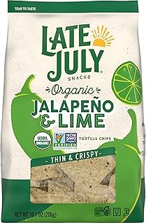 Late July Snacks, Thin and Crispy Organic Tortilla Chips, Jalapeño & Lime, 10.1-oz. Bag (Pack of 9)