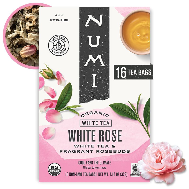 Numi Organic White Rose Tea, 16 Tea Bags, White Tea & Fragrant Rosebuds, Low Caffeine (Packaging May Vary)