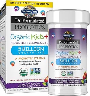 Garden of Life Kids Probiotics, Dr. Formulated Probiotics Organic Kids+ Vitamin C & D, Berry Cherry, Gluten Dairy & Soy Free Immune & Digestive Health Supplement, 30 Chewables (Shelf Stable)