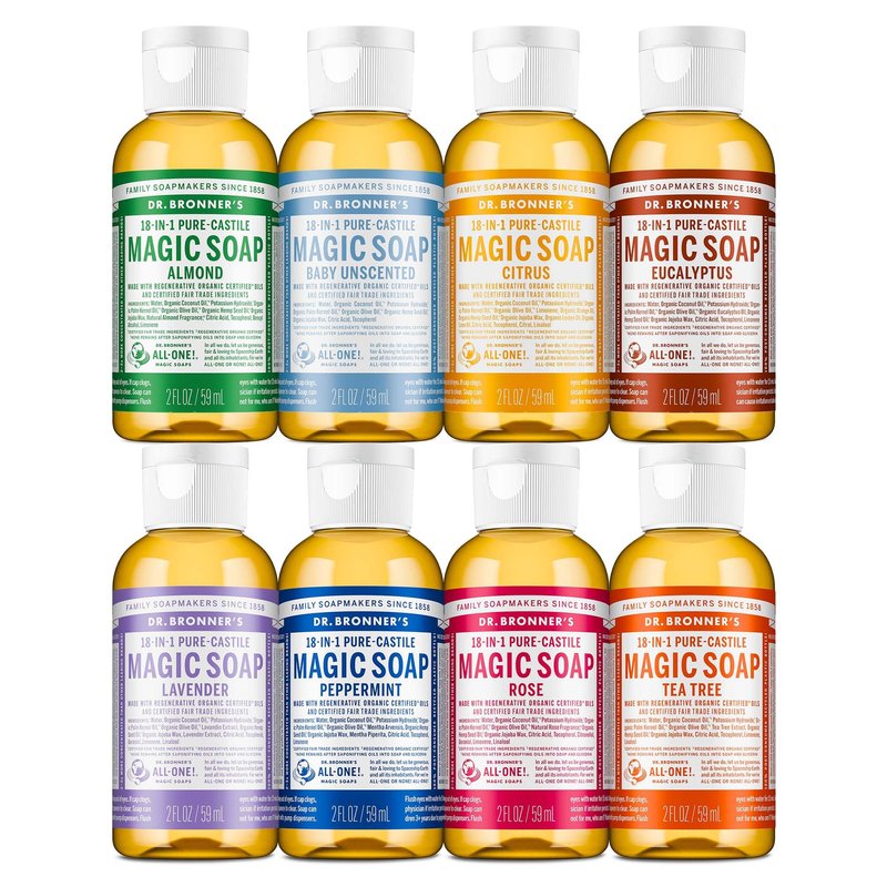 Dr. Bronner's Magic Soap-Pure-Castile Liquid Soap (2 Ounce, Variety Gift Pack)- Regenerative Organic Certified Oils, 18-in-1 Uses: Body, Hair, Laundry, Pets & Dishes, Concentrated, Vegan, Non-GMO