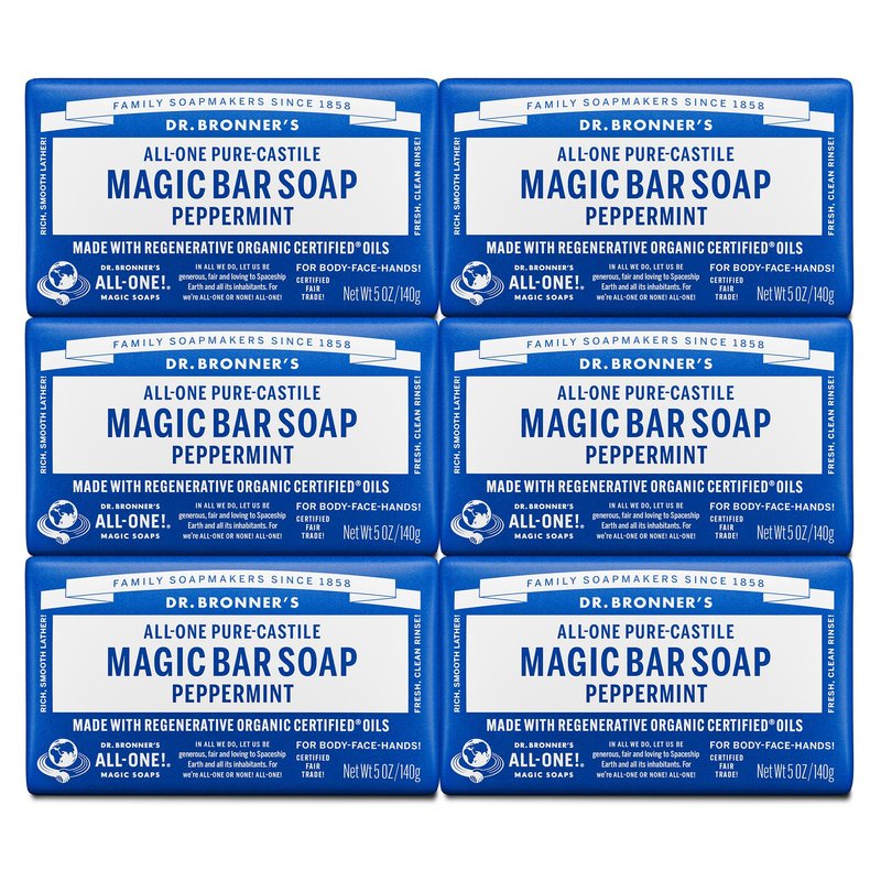 Dr. Bronner's Pure-Castile Magic Soap Bars (Peppermint, 5 oz, 6-Pack) - Made with Regenerative Organic Certified Oils - For Face, Body & Hair - Gentle, Vegan - Bar Soaps for Men & Women
