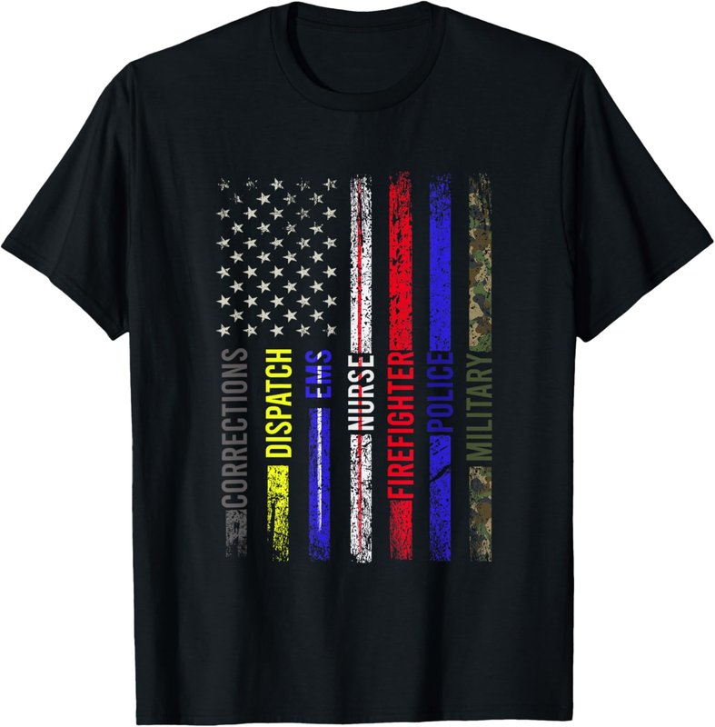 First Responder Assemble Apparel First Responder - Front Line Workers - US Flag - Patriotic T-Shirt for Women Men
