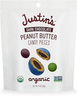 Justin's Dark Chocolate Peanut Butter Candy Pieces - 4.5oz bag Organic, Gluten Free, Non-GMO, Responsibly Source, Rainforest Alliance Certified Cocoa