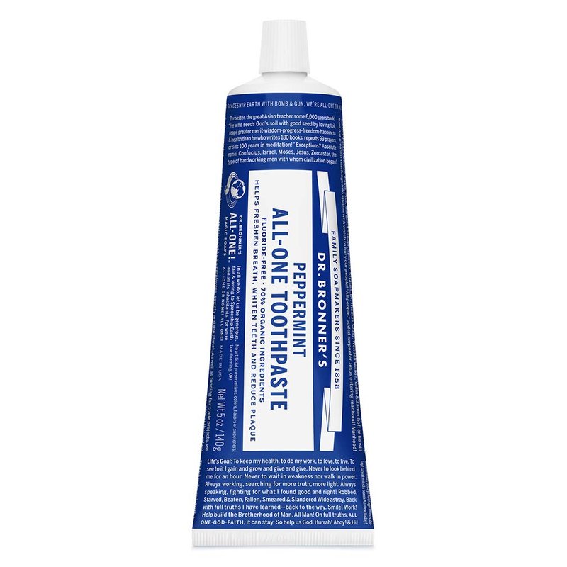 Dr. Bronner’s - All-One Toothpaste (Peppermint, 5 Ounce) - 70% Organic Ingredients, Natural and Effective, Fluoride-Free, SLS-Free, Helps Freshen Breath, Reduce Plaque, Whiten Teeth, Vegan