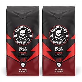 Death Wish Coffee Dark Roast Grounds -16 Oz, 2 Packs of Bold & Intense Blend of Arabica & Robusta Beans - USDA Organic Ground Coffee - Pack of 2