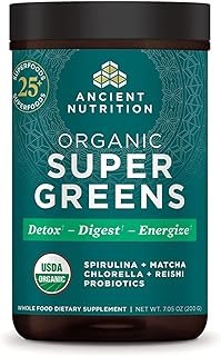 Ancient Nutrition Super Greens Powder, Organic Superfood Powder with Probiotics Made with Spirulina, Chlorella, Matcha, and Digestive Enzymes, 25 Servings, 7.05oz