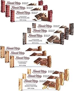 Fannie May 12 Chocolate Candy Bars, Milk Chocolate, Caramel, Peanut Butter and Dark Chocolate, Variety Pack, 1.8 oz Each
