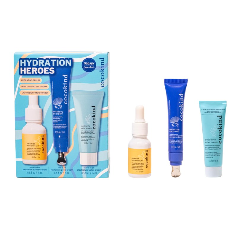 Cocokind Hydration Heros Set | Milky Ceramide Hydrating Serum, Eye Cream with Cooling Metal Applicator Tip, Lightweight Electrolyte Moisturizer | Hydrate, De-Puff, Calm, Balance | 3 Count