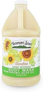 VERMONT SOAP Natural body wash with Shea Butter, Mild Gel for Moisturizing and Soothing Skin, Fragrance Free for Women & Men (Sage Lime Wisdom, 64oz)