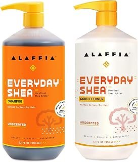 Alaffia EveryDay Shea Shampoo and Conditioner - Normal to Very Dry Hair, Gently Cleanses, Moisturizes, Restores and Protects Hair with Certified Fair Trade Unrefined Shea Butter, Unscented, 32 Oz Each