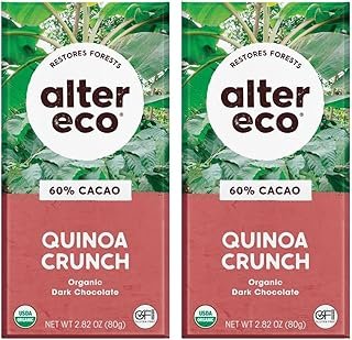 Alter Eco Dark Chocolate Bars | Pure Dark Cocoa, Fair Trade, Organic, Non-GMO, Gluten Free (2-Pack Dark Quinoa Crunch)