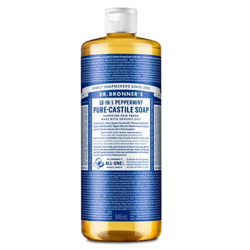 Dr. Bronner's Pure-Castile Liquid Soap (Peppermint, 32 ounce) - Made with Organic Oils, 18-in-1 Uses: Face, Body, Hair, Laundry, Pets and Dishes, Concentrated, Vegan, Non-GMO