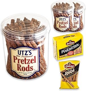 Utz Old Fashioned Pretzel Rods (3, 25oz Barrels) – Variety Pack – Bachman Pretzel Stix (1, 6-1oz pack) – Bachman Rolled Pretzel Rods (1, 10oz bag) – Thick, Crunchy Pretzel Rods – 5 Items Total