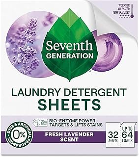 Seventh Generation Laundry Detergent Sheets, Up to 64 Loads, Fresh Lavender Scent, Removes Tough Stains, 0% Dyes and Artificial Fragrances, Safer for your family