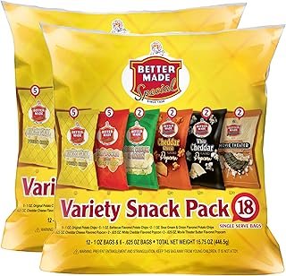 Better Made Special Snack Food Variety Packs Potato Chips & Popcorn 18ct (Pack of 2) 15.75 oz Each - Original, Sour Cream Onion, BBQ, Barbecue, White Cheddar, Movie Theater Butter - Snacks, Lunch