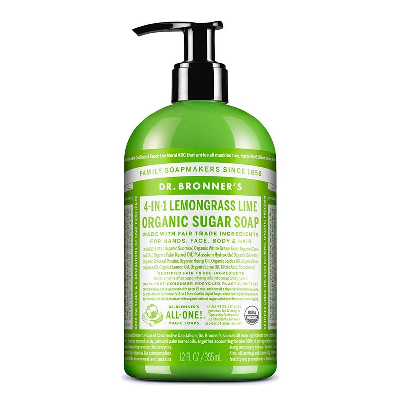 Dr. Bronner's Organic Sugar Soap (Lemongrass, 12 Ounce) - Made with Organic Oils, Sugar and Shikakai Powder, 4-in-1 Use: Hands, Body, Face and Hair, Cleanses, Moisturizes and Nourishes, Vegan