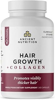 Ancient Nutrition Hair Growth + Collagen Supplement, Hydrolyzed Collagen Peptides, Clinically Studied Superfoods for Hair Growth Support, Thicker, Fuller Hair and Radiant Skin, 60 Count